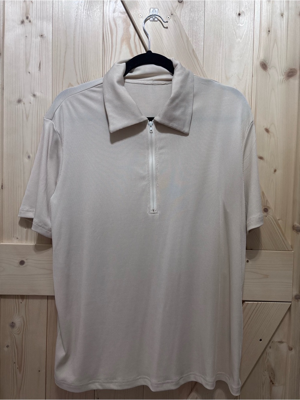 Women’s Short-Sleeve Half-Zip Polo Shirt in Light Beige-SHEIN Large